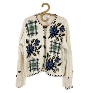 Vintage | Cleo | Floral Grandma Knit Cottagecore Cardigan Size M Cotton Ramie